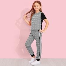 Shein Girls Striped Trim Plaid Top & Pants Set