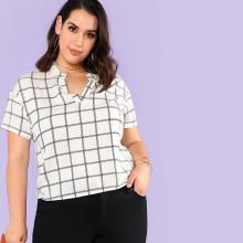 Shein Plus V Cut Neck Grid High Low Top