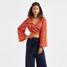 Shein Button Front Bell Sleeve Ditsy Blouse