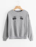 Shein Eyes Print Drop Shoulder Marled Sweatshirt