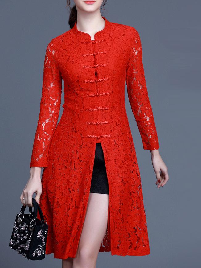 Shein Red Collar Knee Length Split Lace Dress