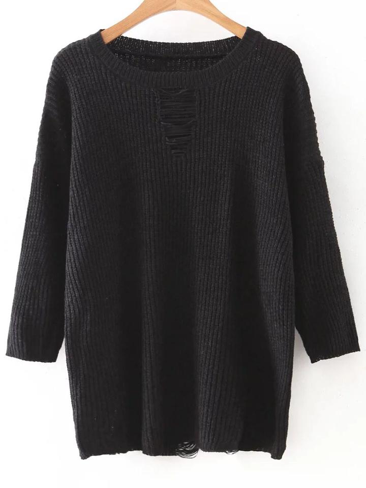 Shein Black Drop Shoulder Ripped Knitwear