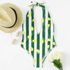 Shein Fruit & Block Striped Print Plunge Neckline Swimsuit