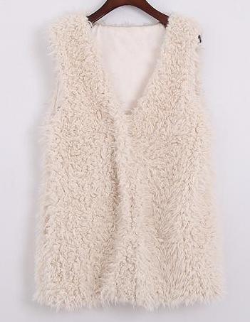 Shein White V Neck Sleeveless Fur Vest