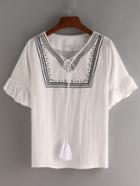 Shein Tassel-tie Ruffled Sleeve Embroidered Top - White