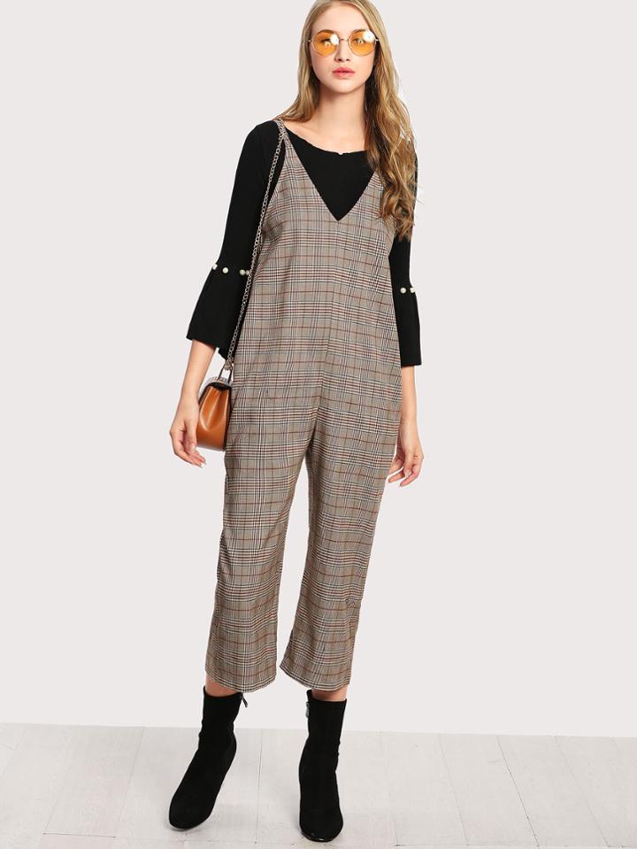 Shein Dual V Neck Cami Plaid Jumpsuit