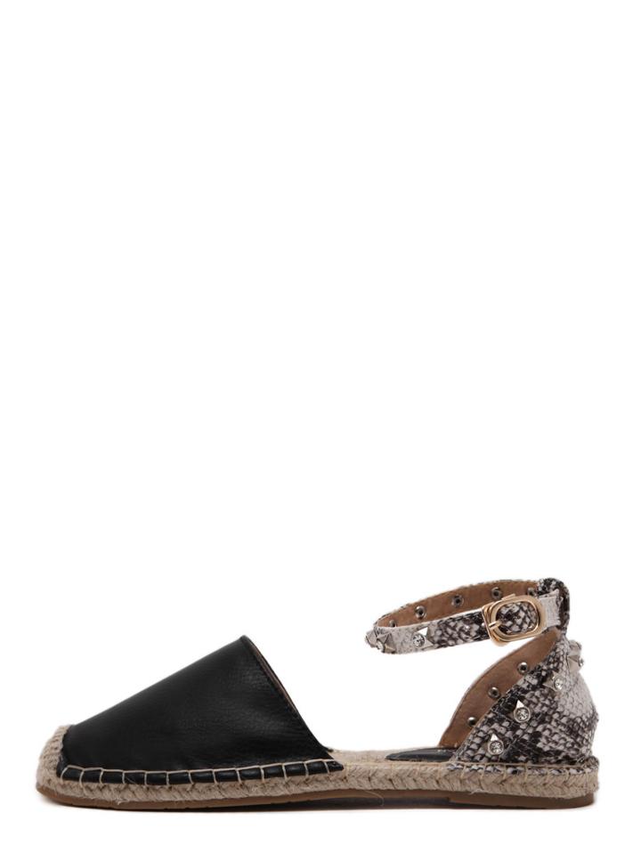 Shein Black Square Toe Rhinestone Ankle Strap Flats