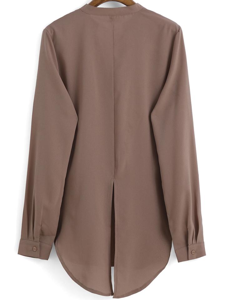Shein Brown Stand Collar Split Back Chiffon Blouse
