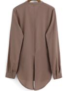 Shein Brown Stand Collar Split Back Chiffon Blouse