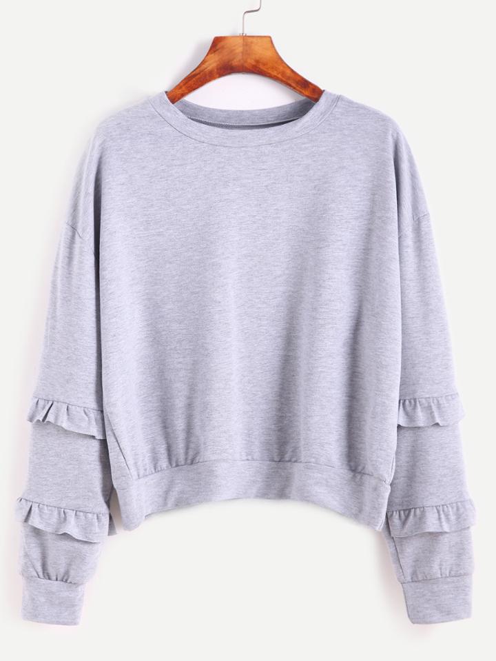 Shein Grey Drop Shoulder Ruffle Trim Sweatshirt