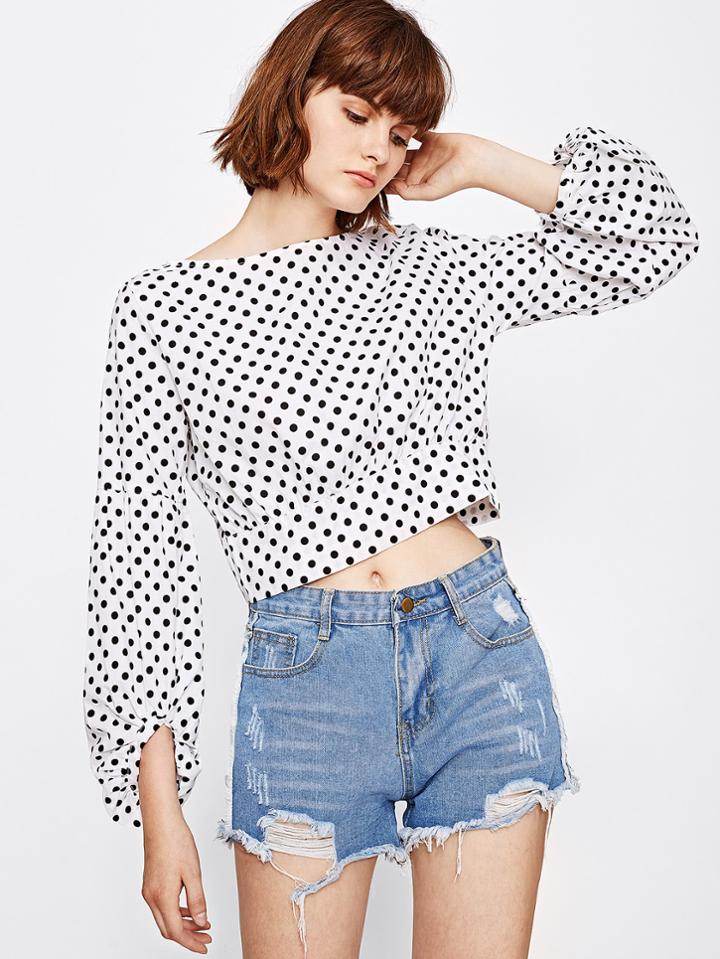 Shein Lantern Sleeve Polka Dot Blouse