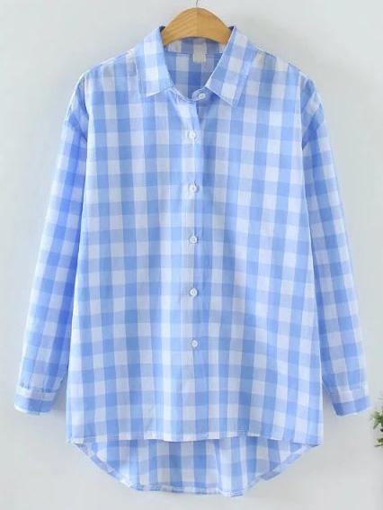 Shein Blue Check Plaid High Low Shirt