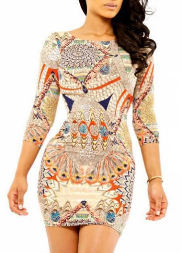 Rosewe Charming Print Design Three Quarter Sleeve Bodycon Dress