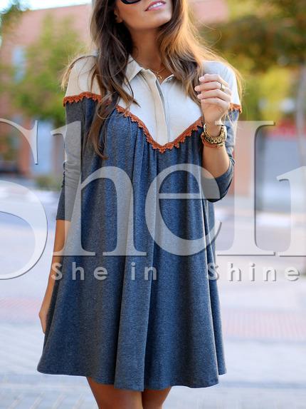 Shein Blue White Lapel Color Block Dress Dress