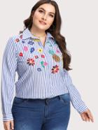 Shein Embroidered Flower Striped Dolphin Hem Blouse