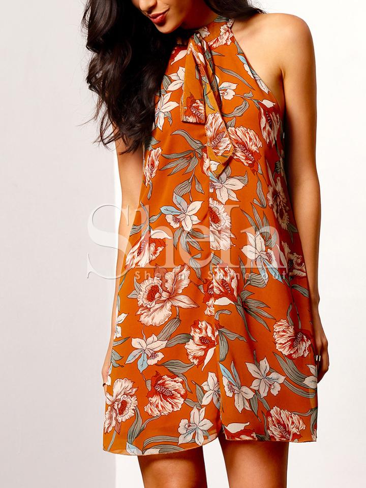 Shein Orange Sleeveless Floral Tent Dress