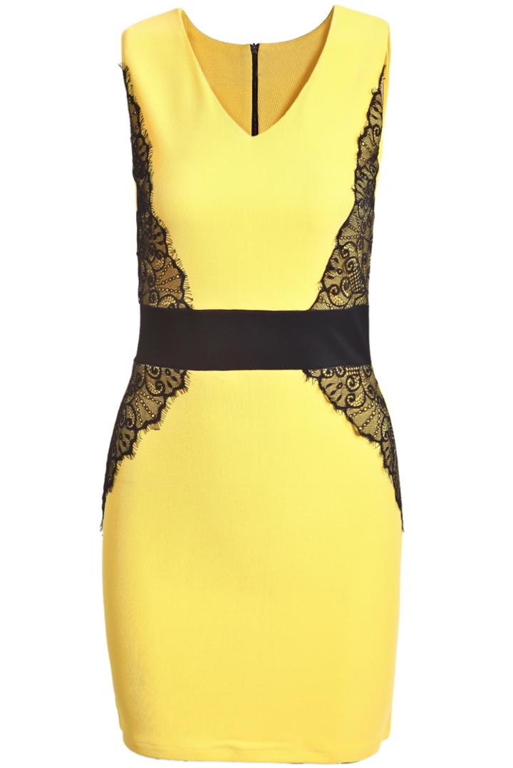 Shein Yellow Lemons Contrast Lace V Neck Bodycon Dress