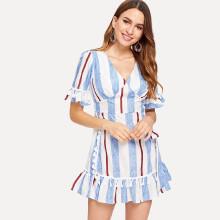 Shein Striped Tassel Trim Ruffle Dress