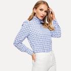 Shein Frilled Neck Puff Sleeve Gingham Top
