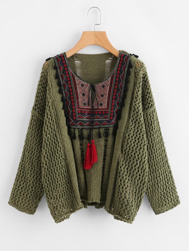 Shein Tassel Tie Embroidered Yoke Eyelet Jumper