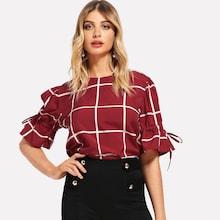 Shein Plaid Drawstring Sleeve Blouse
