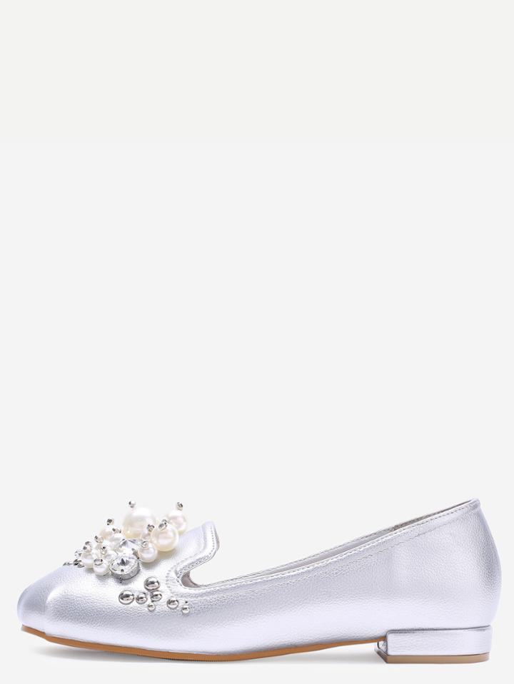 Shein Silver Pearl Embellished Pu Flats