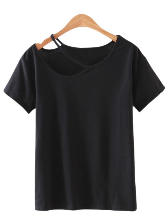 Shein Black Cold Shoulder Cut Out Short Sleeve T-shirt