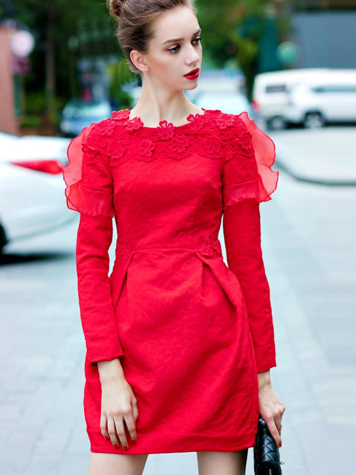 Shein Red Round Neck Length Sleeve Jacquard Dress