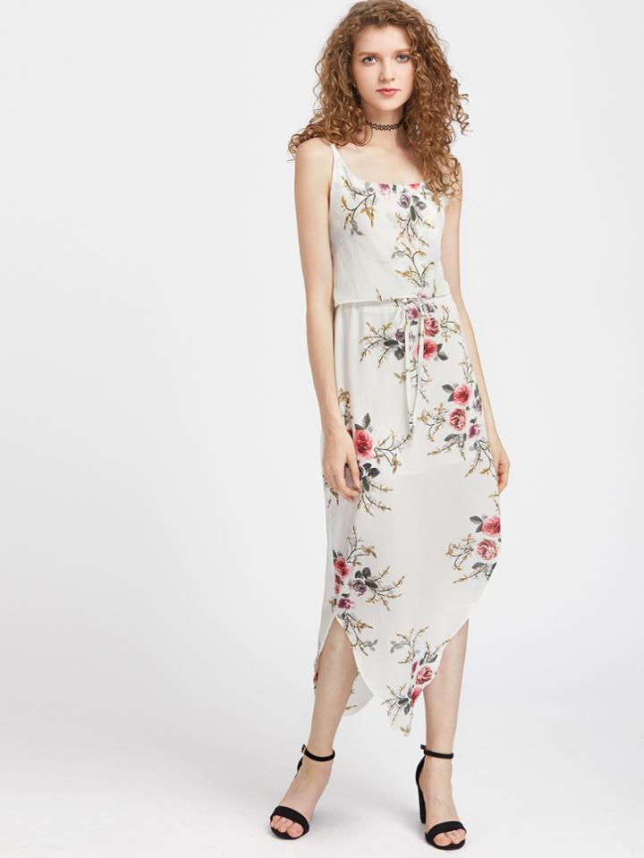 Shein Floral Print Drawstring Asymmetrical Slit Side Dress