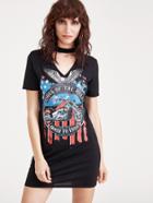 Shein Black Cut Out Choker Neck Printed Tee Dress