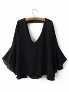 Shein Black Low Neck Bell Sleeve Hollow Blouse