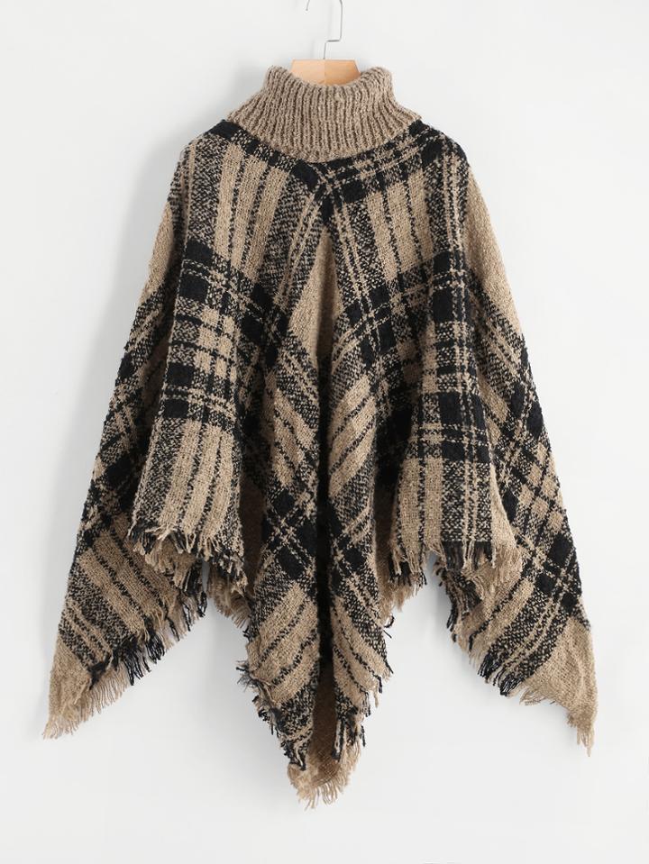 Shein Fringe Hem Tartan Poncho Sweater