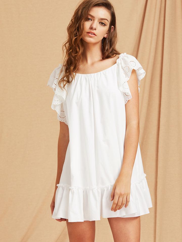 Shein Eyelet Embroidered Flutter Sleeve Bow Back Tiered Hem Dress