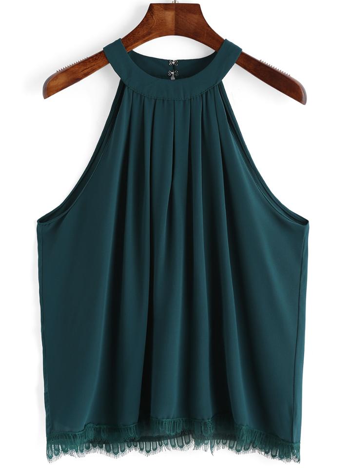 Shein Dark Green Lace Hem Chiffon Cami Top
