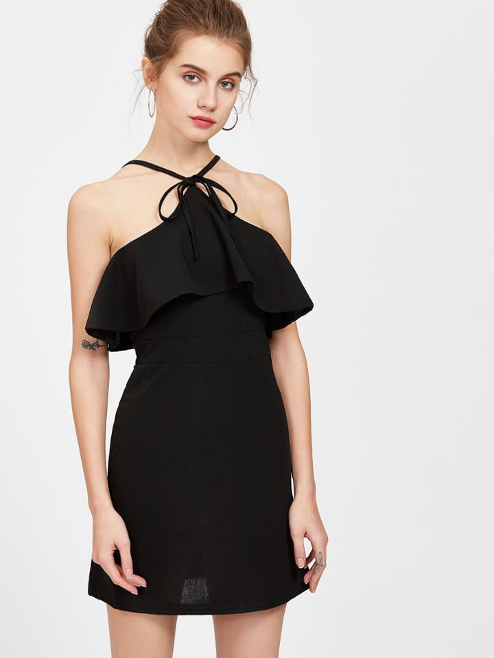 Shein Black Tie Detail Layered Ruffle Dress