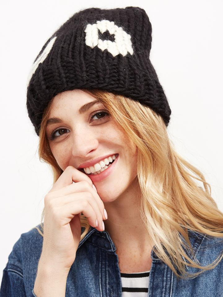 Shein Black Cute Eye Pattern Beanie Hat