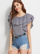 Shein Navy And White Striped Ruffled Boat Neck Top