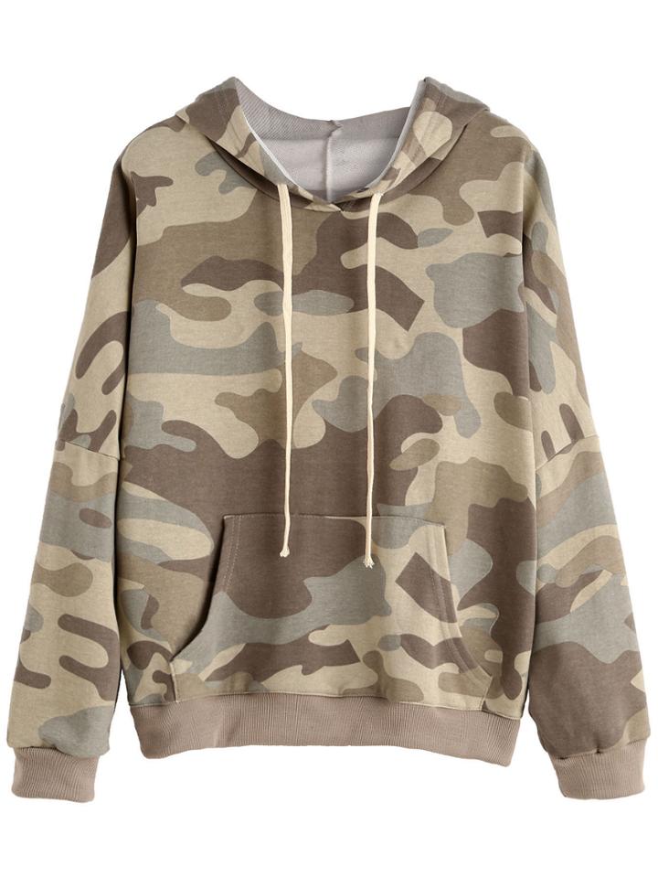 Shein Camo Print Drop Shoulder Drawstring Hooded Pocket Sweatshirt