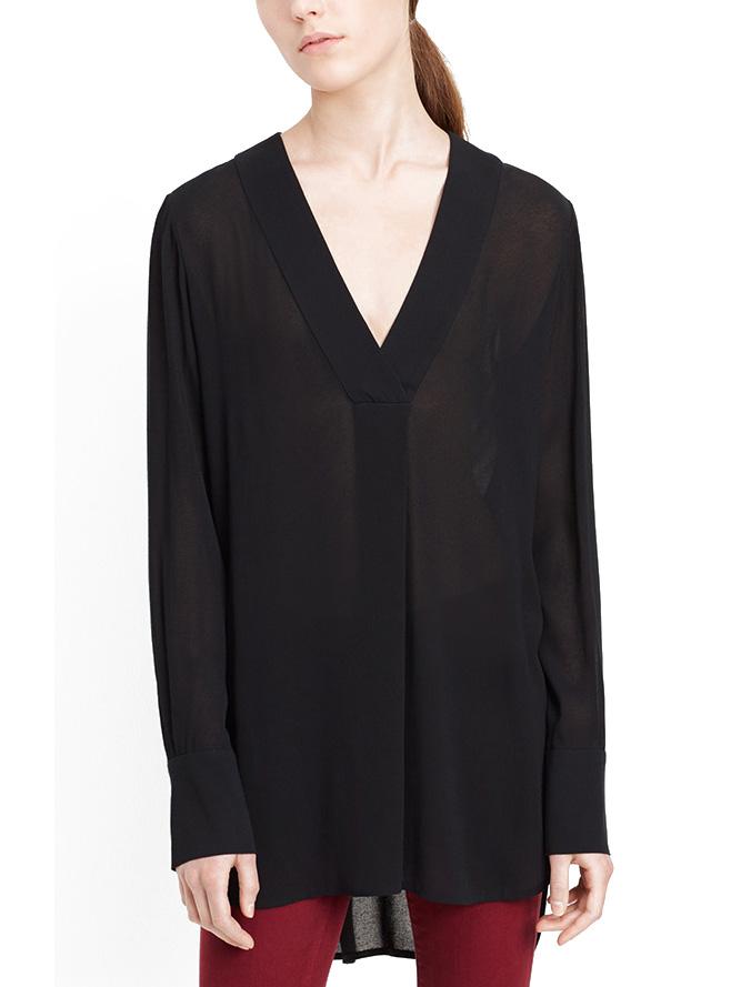 Shein Deep V Neck Dip Hem Chiffon Black Shirt