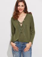Shein Army Green Deep V Neck Lace Up T-shirt