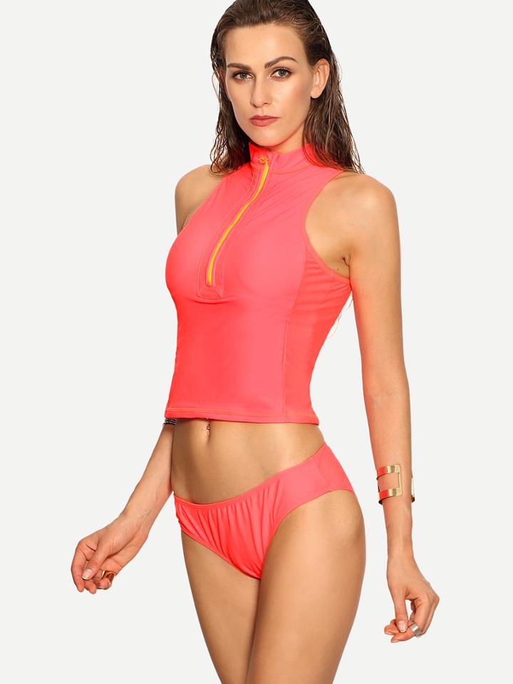Shein Watermelon Red Zip Front Sleeveless Rash Guard Swimwear
