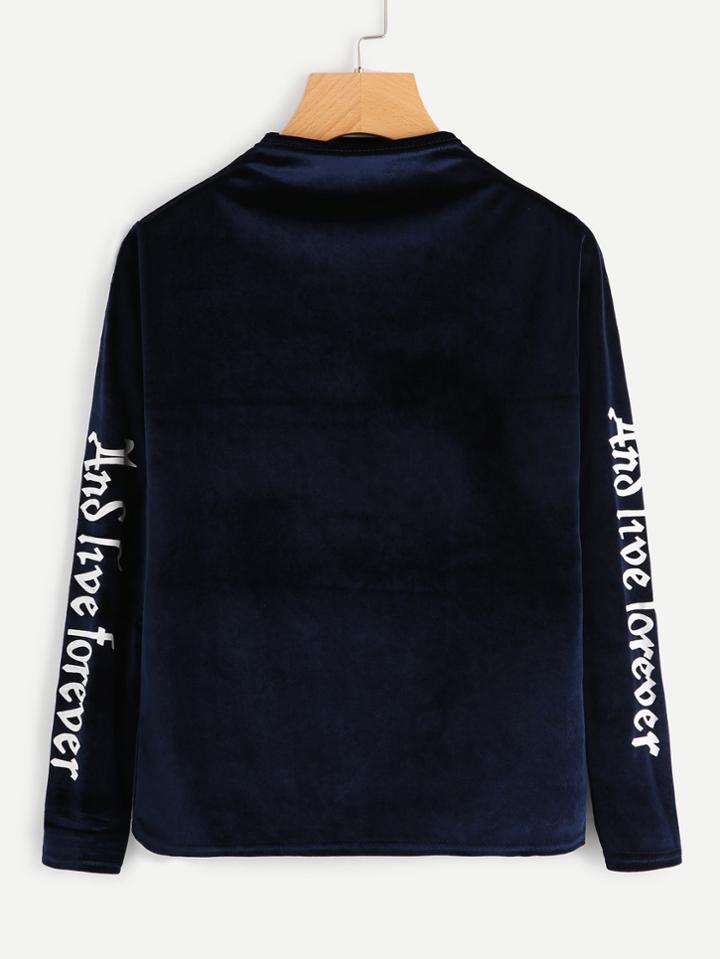 Shein High Neck Letter Print Velvet Tee