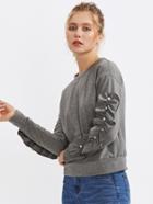 Shein Frill Trim Rhinestone Pearl Beaded Marled Sweatshirt