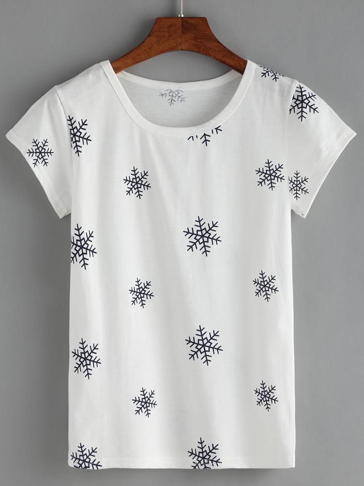 Shein Snowflake Print White T-shirt