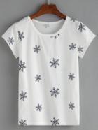 Shein Snowflake Print White T-shirt