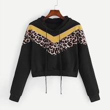 Shein Contrast Leopard Drawstring Hoodie