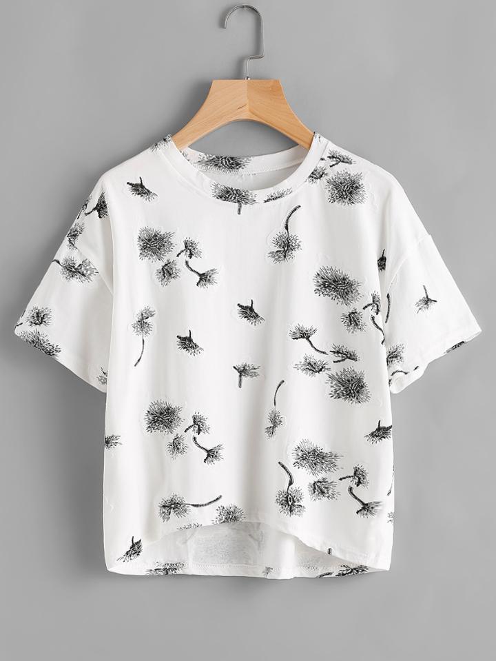 Shein Dandelion Print Dip Hem Tee