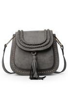 Shein Braided Tassel Trimmed Studded Saddle Bag - Grey