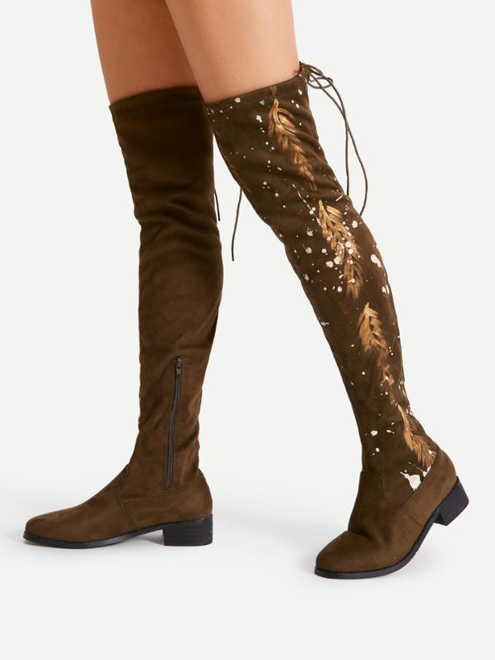 Shein Feather Pattern Lace Up Thigh High Boots