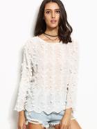 Shein White Embroidered Appliques Keyhole Scalloped Chiffon Blouse